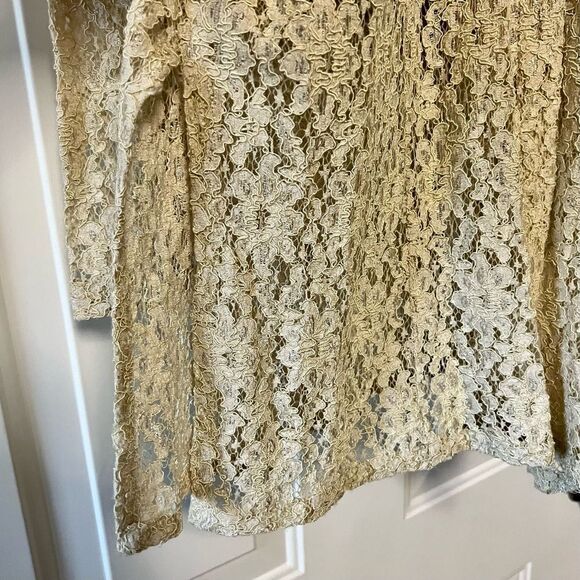 VTG 90s Cream Lace Collar Shell Button Down Tunic Shirt Shacket Split Hem Top L - Picture 4 of 16